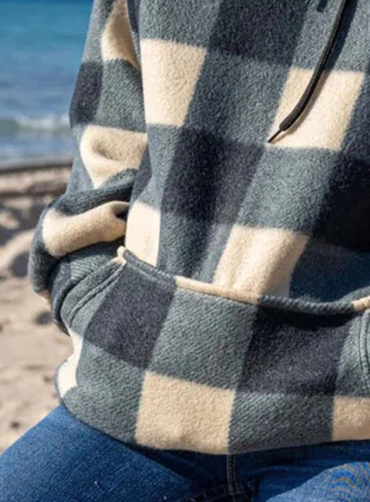 Checkered Print Loose Hooded Pullover Sweater