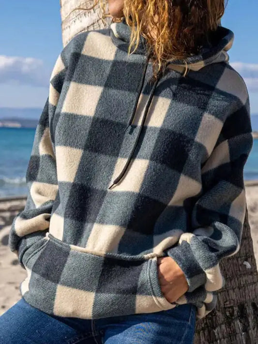 Checkered Print Loose Hooded Pullover Sweater
